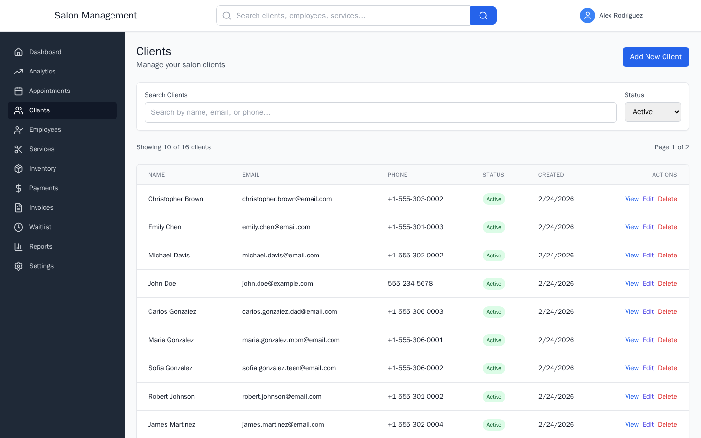 Clients list page with search bar and table