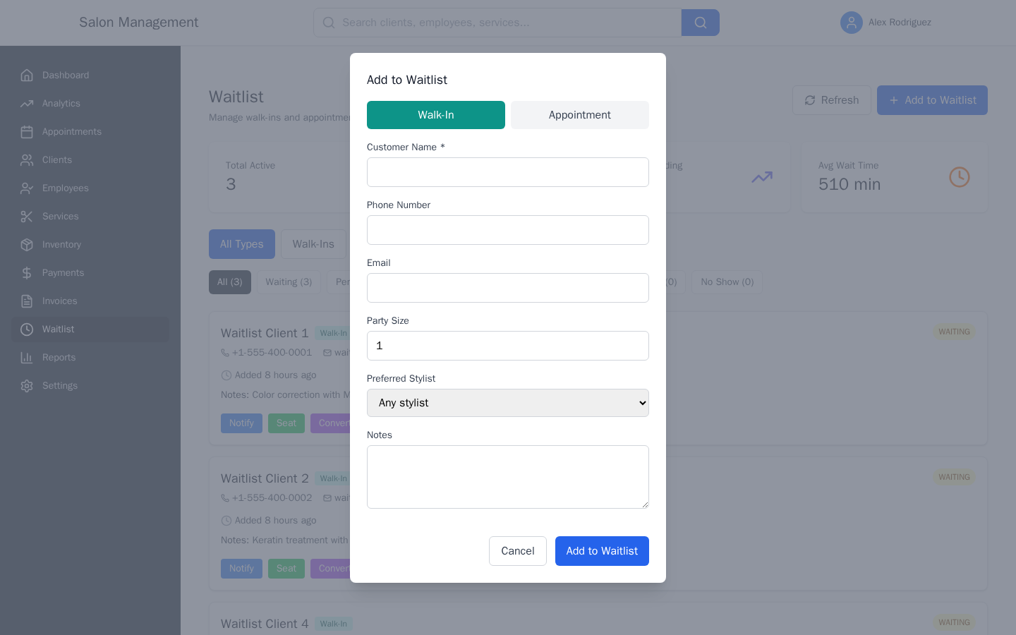 Add to Waitlist modal with walk-in and appointment tabs