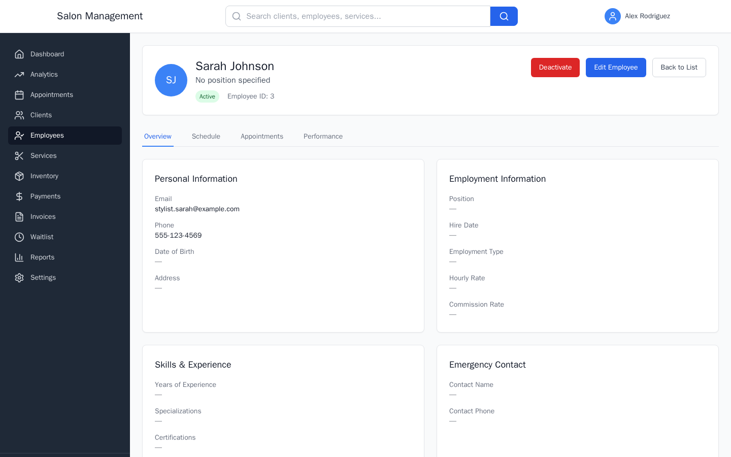 Employee detail profile page showing the Overview tab with personal information, employment details, and skills panels