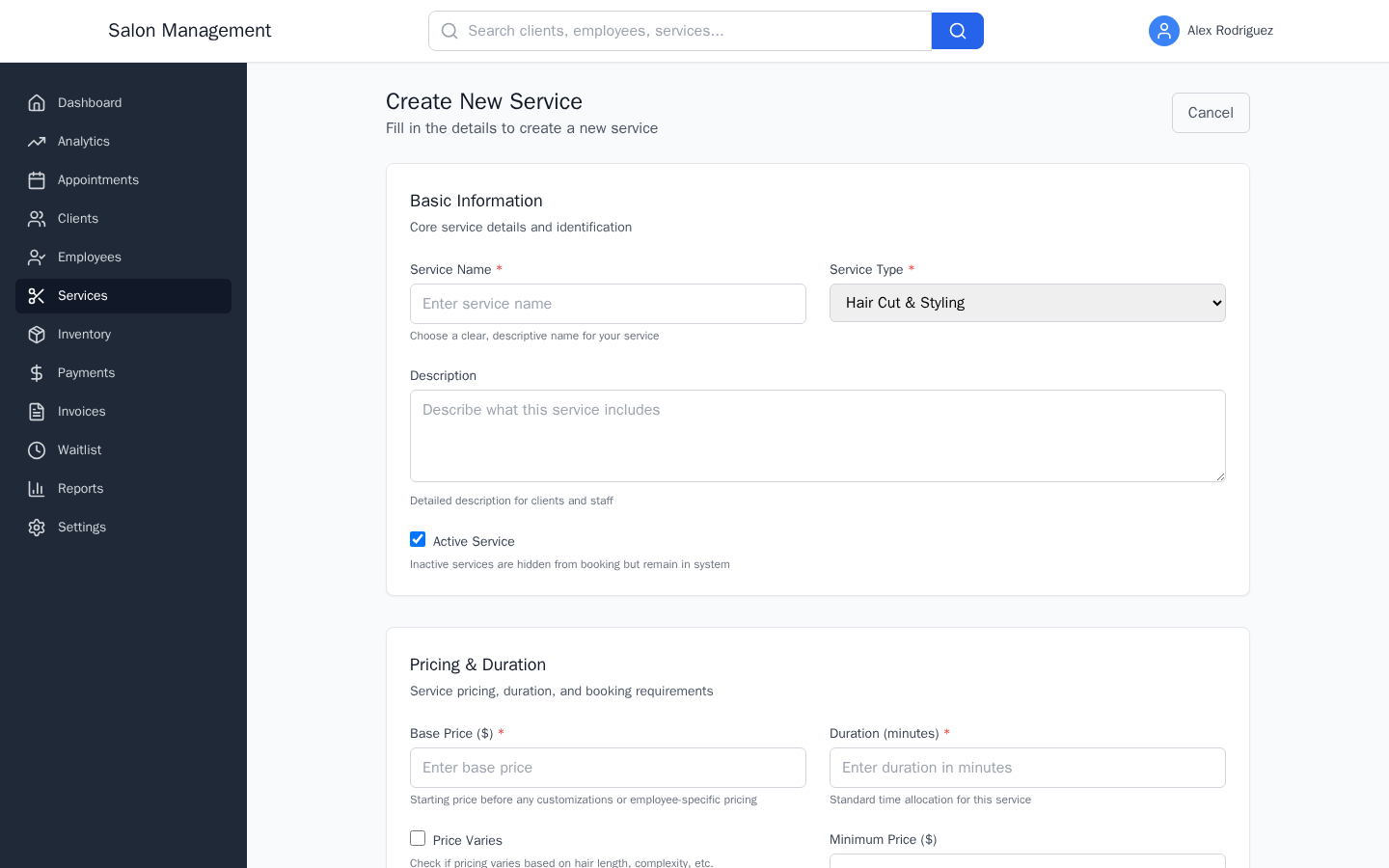 New service form with Basic Information, Pricing and Duration, and Scheduling Options sections