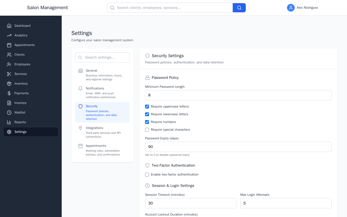 Security settings tab showing password policy, two-factor authentication, session settings, and data retention controls