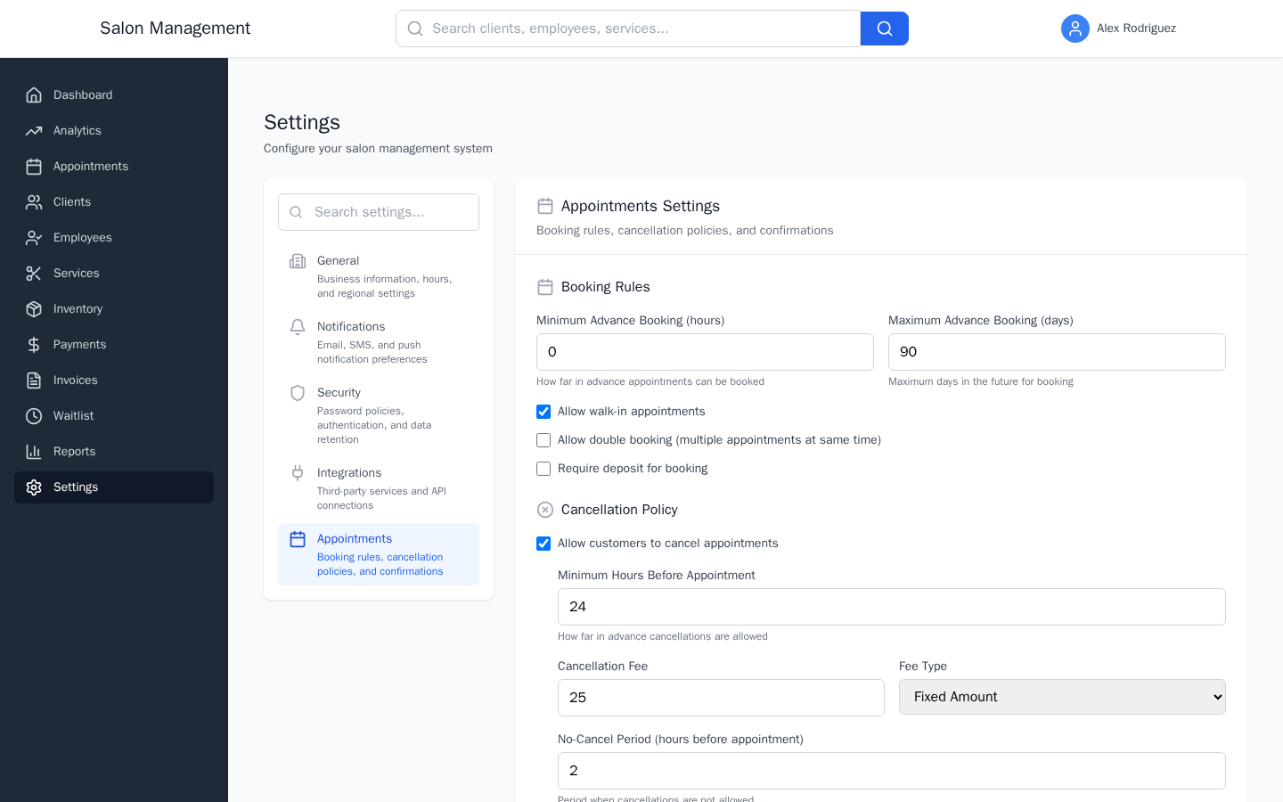 Appointments settings tab showing booking rules, cancellation policy, and confirmation settings