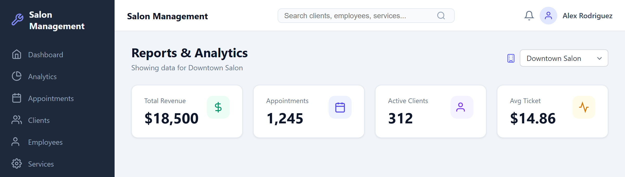 Reports page filtered to a specific salon via SalonSwitcher